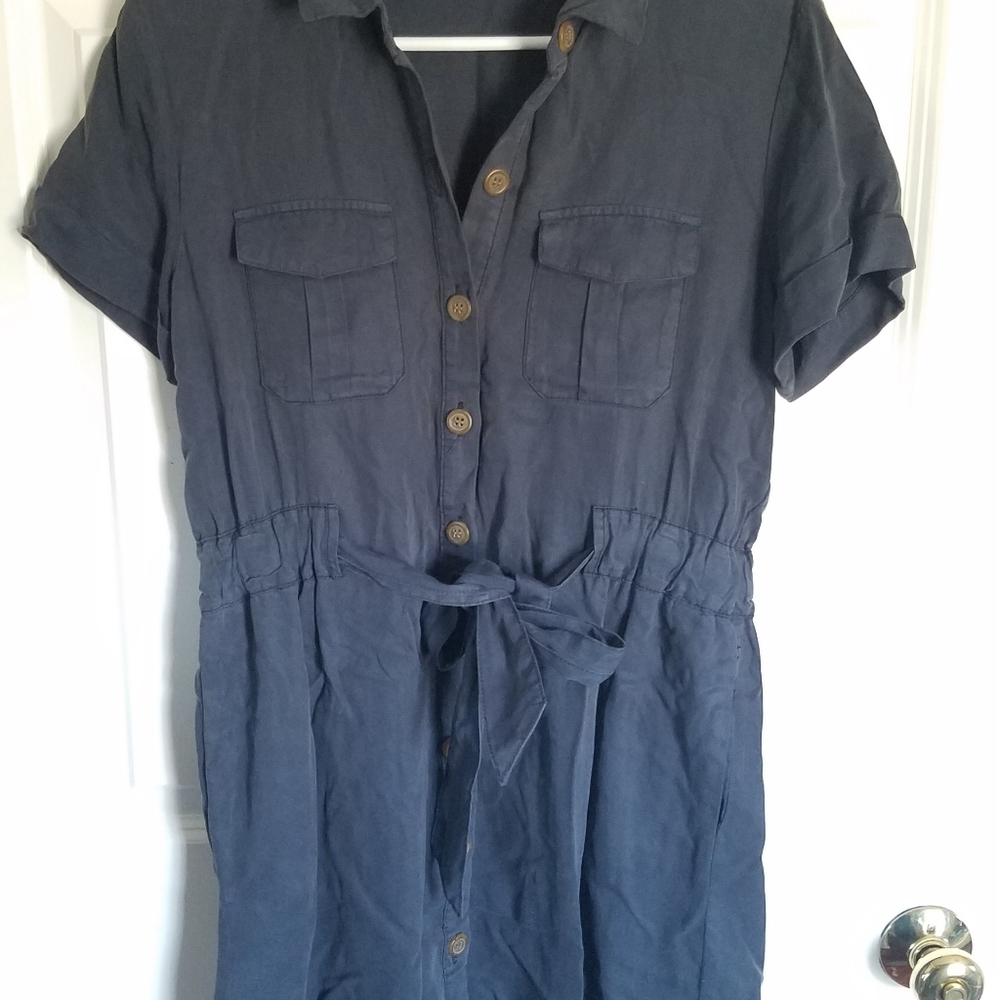Button down blue grey dress with tie belt